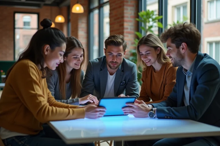 Jeunes adultes discutant autour d'une table hightech