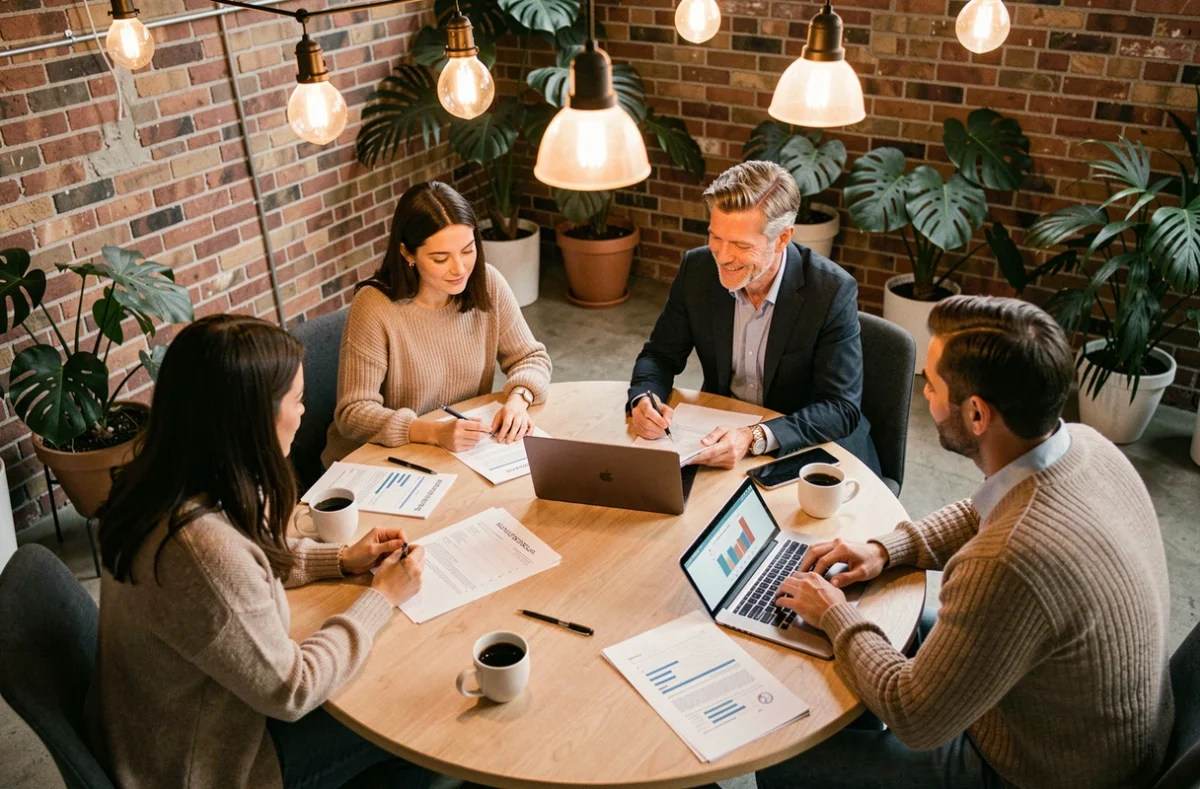 Groupe de professionnels collaborant lors d'un atelier de conseil innovant dans un espace de coworking