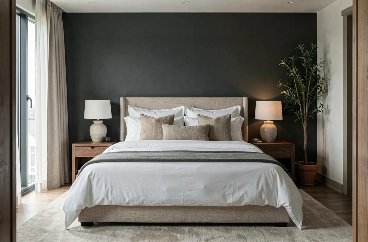 Chambre principale luxueuse aménagée avec soin grâce au home staging, avec literie blanche immaculée, tête de lit en lin et mobilier en noyer pour valoriser un bien immobilier haut de gamme