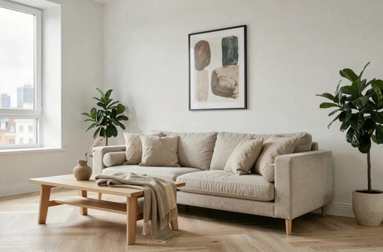 Salon moderne et épuré mis en valeur par le home staging avec canapé en lin, table basse en bois et plantes vertes pour une présentation immobilière réussie