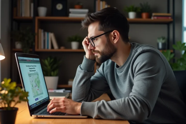 Homme frustré devant un écran d'ordinateur affichant une erreur de navigateur sur une carte en ligne comme Gozmap