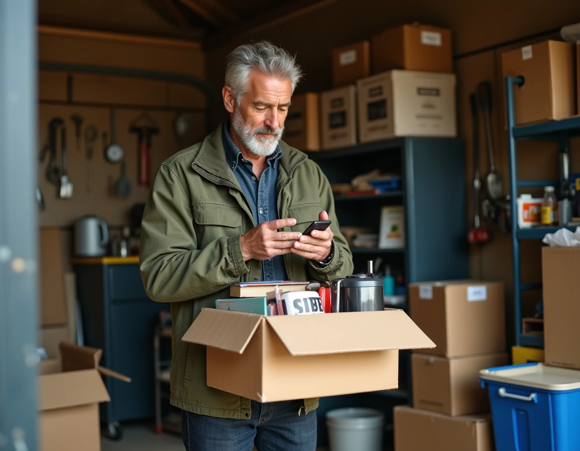 Homme dans un garage préparant des articles à vendre sur une plateforme d'annonces en ligne payante