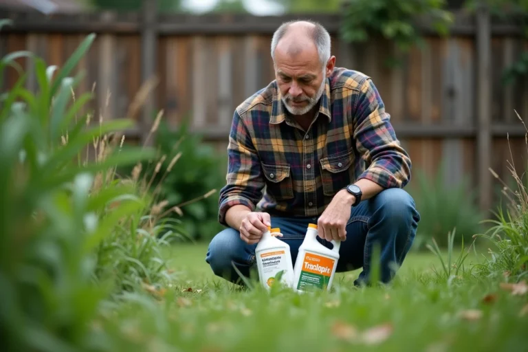 Homme en jeans et chemise à carreaux compare deux bouteilles dans le jardin