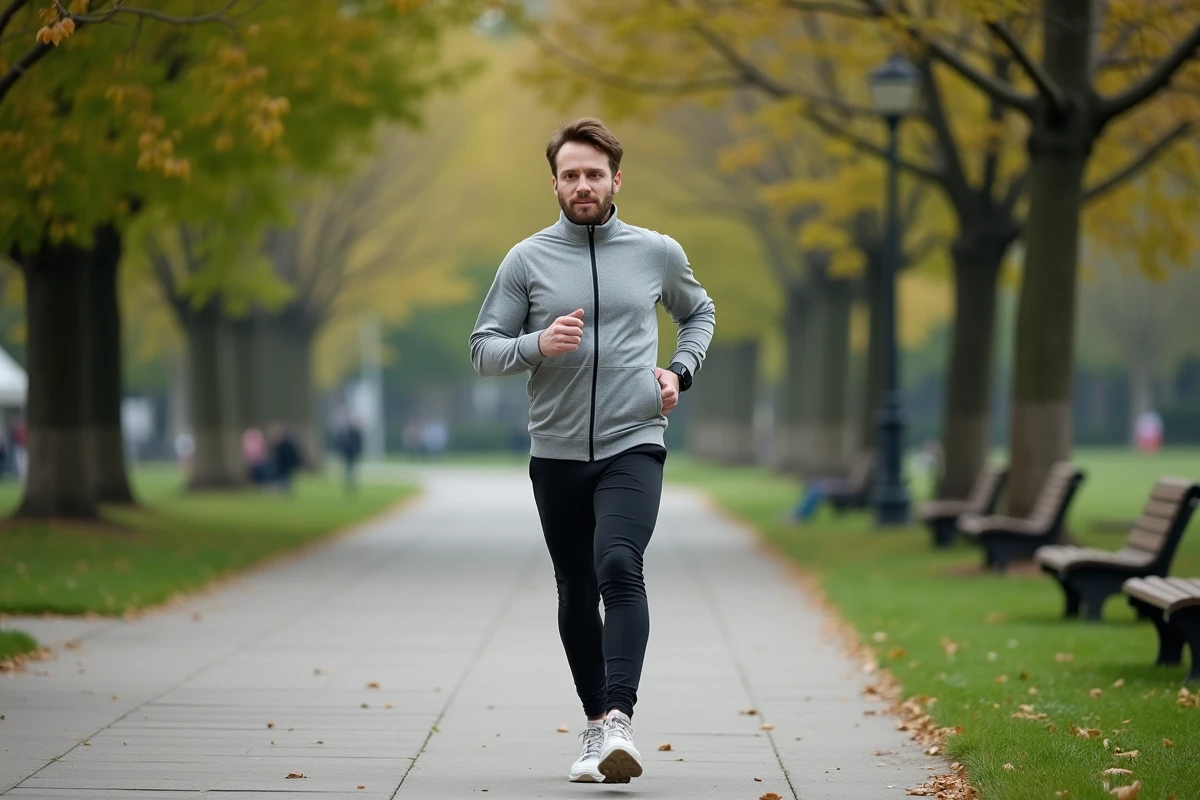Homme courant dans un parc urbain au matin