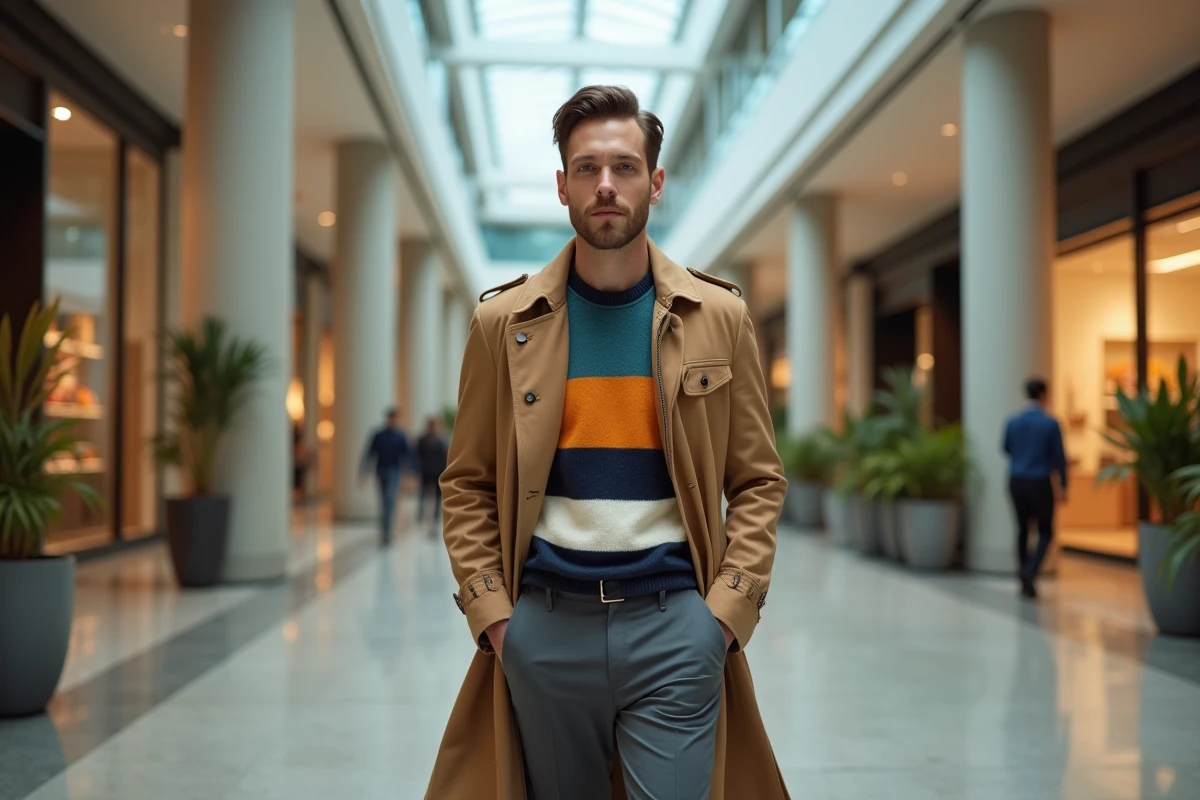 Homme mode en trench et pull colorblock dans un centre commercial