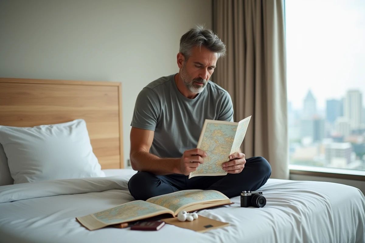 Homme préparant son itinéraire de voyage dans une chambre d'hôtel avec carte et guide touristique