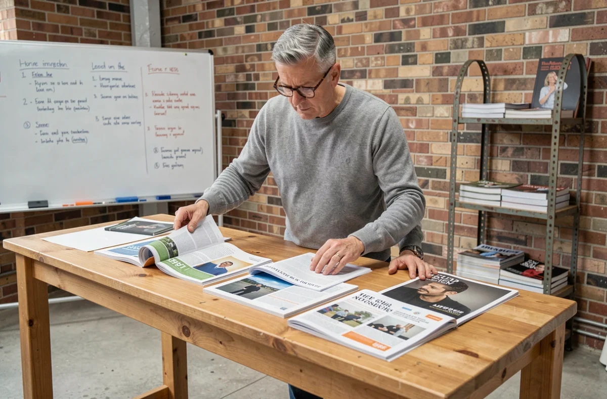 Homme consultant des publications imprimées dans un studio éditorial avec mur en briques apparentes