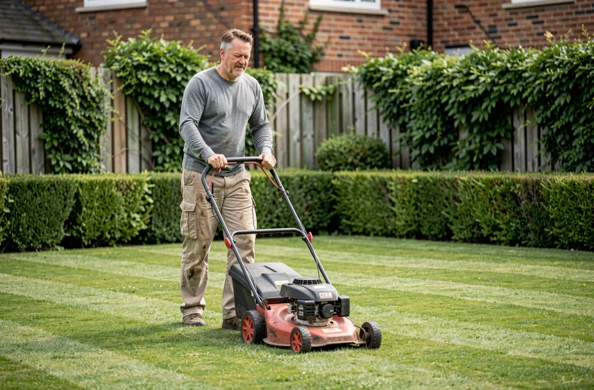 Homme utilisant une tondeuse à gazon sans fil pour entretenir une pelouse verte dans un jardin soigné