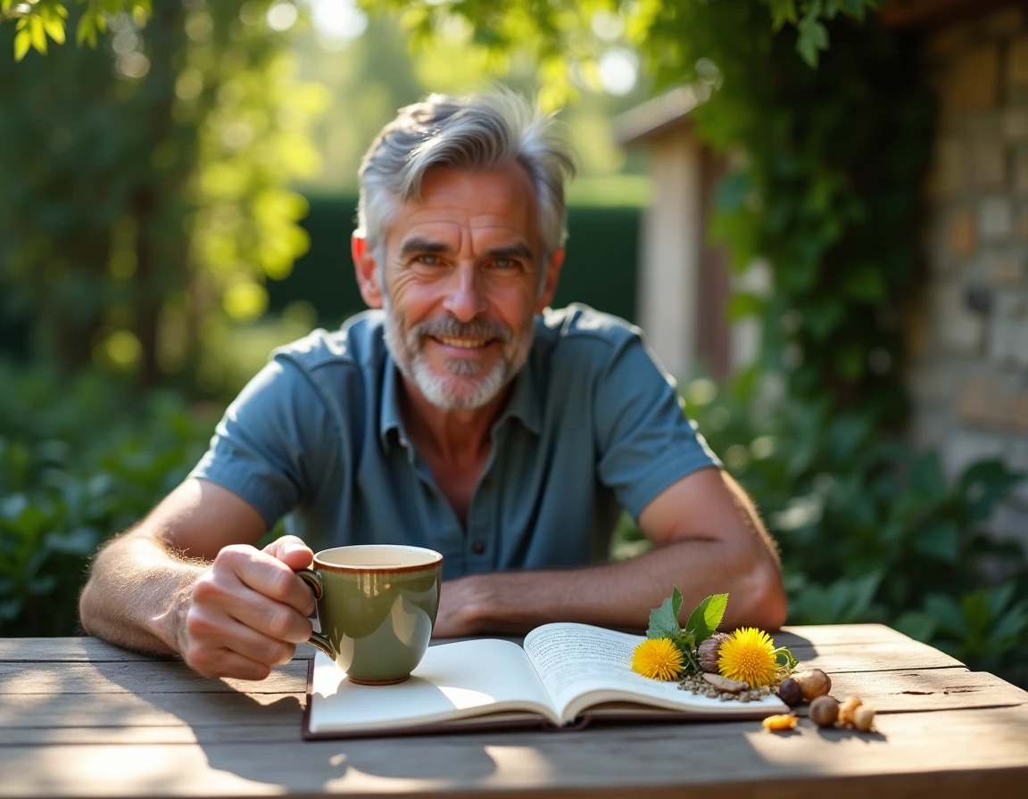 Homme d'âge mûr savourant une infusion d'herbes médicinales naturelles pour soutenir la santé du pancréas dans un jardin verdoyant
