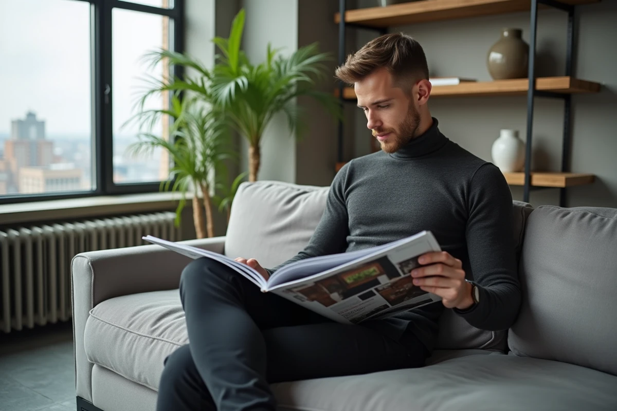 Jeune homme lisant un magazine de décoration dans un loft lumineux