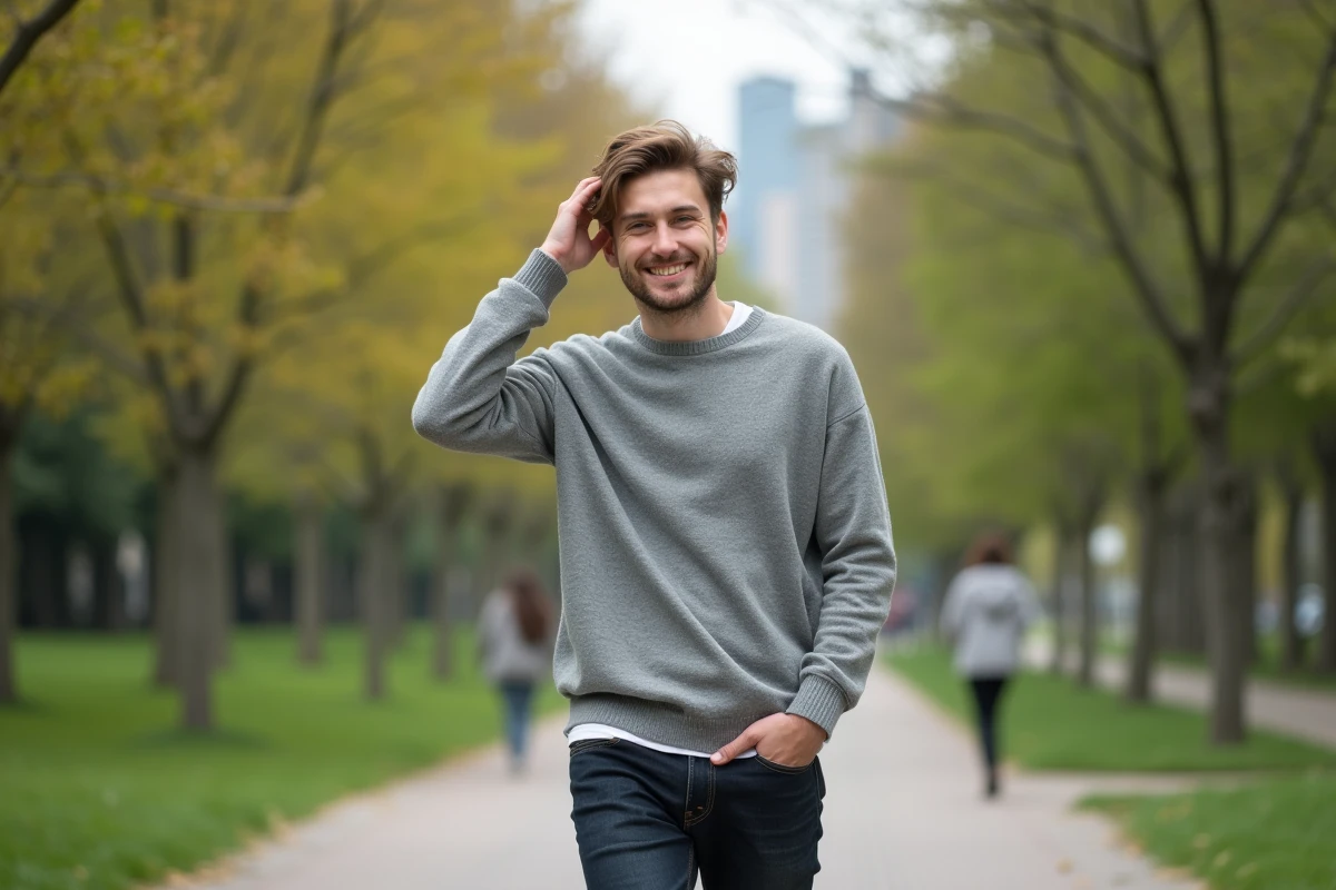 Jeune homme souriant marchant dans un parc urbain