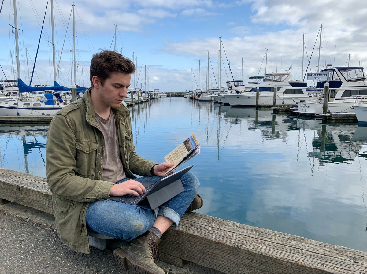 Jeune voyageur sur un quai de marina avec brochure