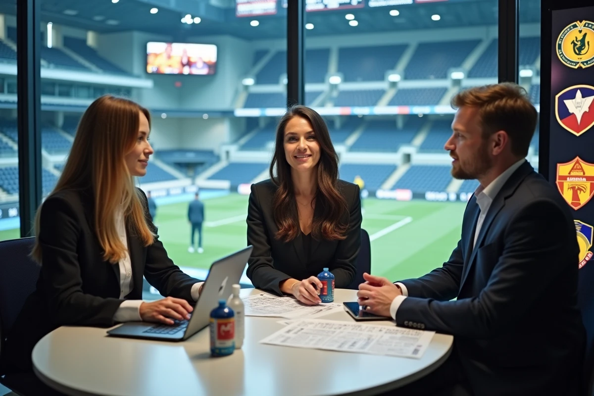 Journalistes sportifs analysant les dernières actualités et tendances du sport dans une salle de presse d'arène moderne