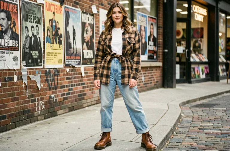 Femme portant une tenue grunge iconique des années 1995 avec chemise à carreaux, jean taille haute et bottines Dr. Martens dans une rue urbaine