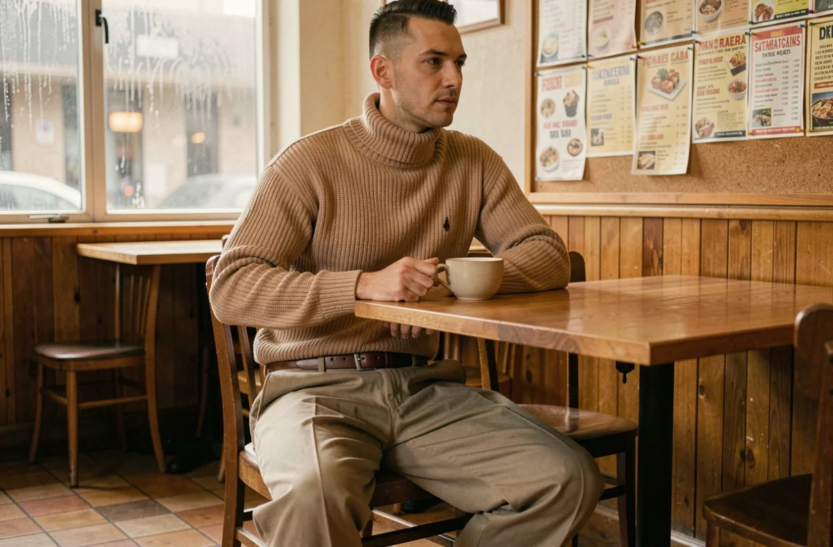Homme en pull col montant beige et pantalon chino baggy style années 1995 assis dans un café vintage avec un expression détendue