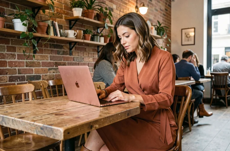 Maman modeuse élégante consultant son blog mode sur un laptop dans un café parisien