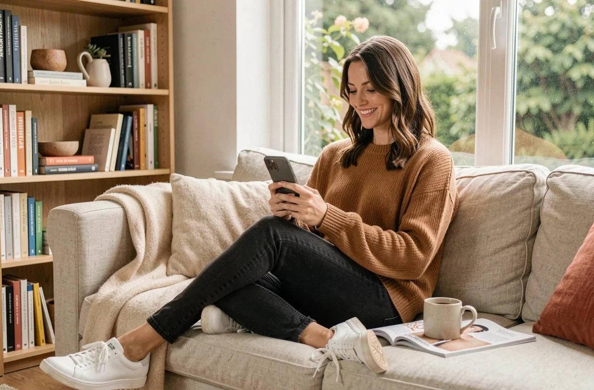 Maman modeuse en pull camel sur un canapé scandinave regardant son smartphone avec un café