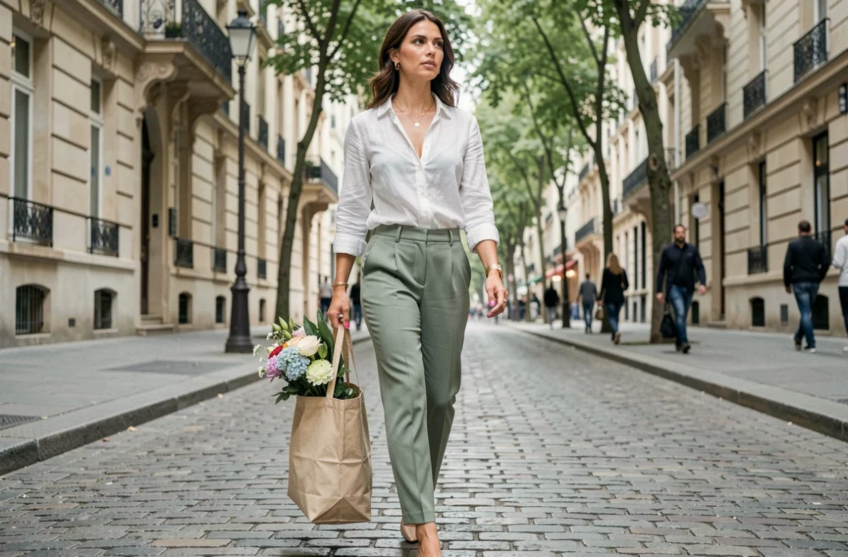 Maman stylée marchant dans une rue pavée parisienne avec un sac tote fleuri