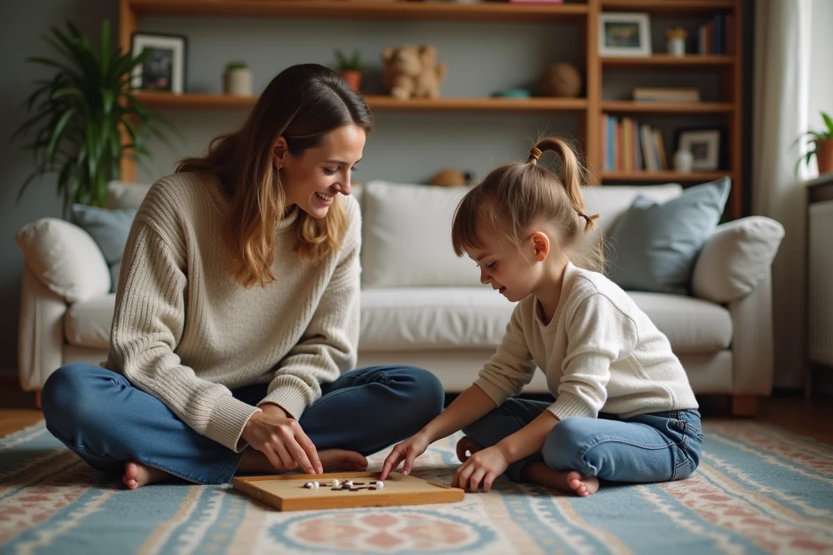 Une mère et sa fille jouent à un jeu de société sur un tapis dans un salon familial douillet