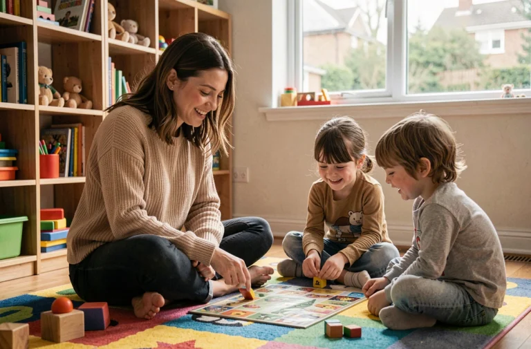 Une jeune nounou souriante joue à un jeu de société avec deux enfants dans un salon cosy et coloré
