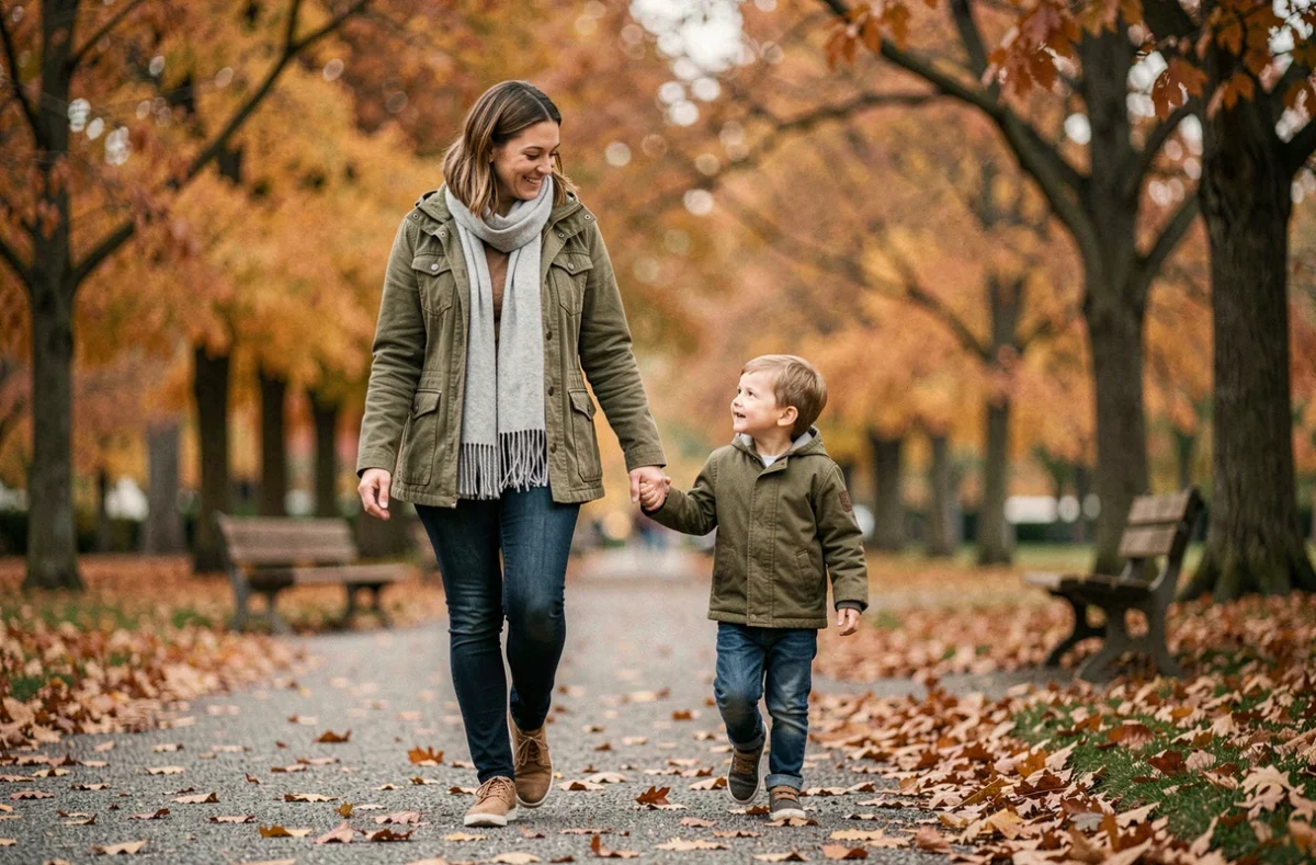 Une nounou et un jeune enfant se promènent main dans la main dans un parc aux couleurs d'automne