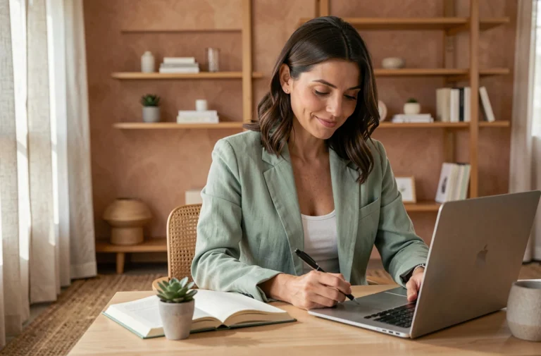 Professionnelle sereine consultant ses notes dans un espace bien-être moderne et épuré