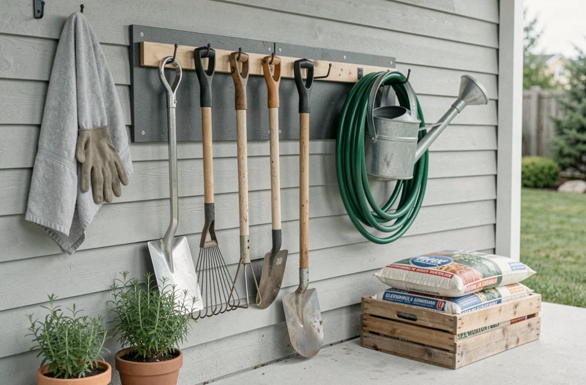 Rangement organisé d'outils de jardinage essentiels fixés sur un panneau mural dans un jardin extérieur