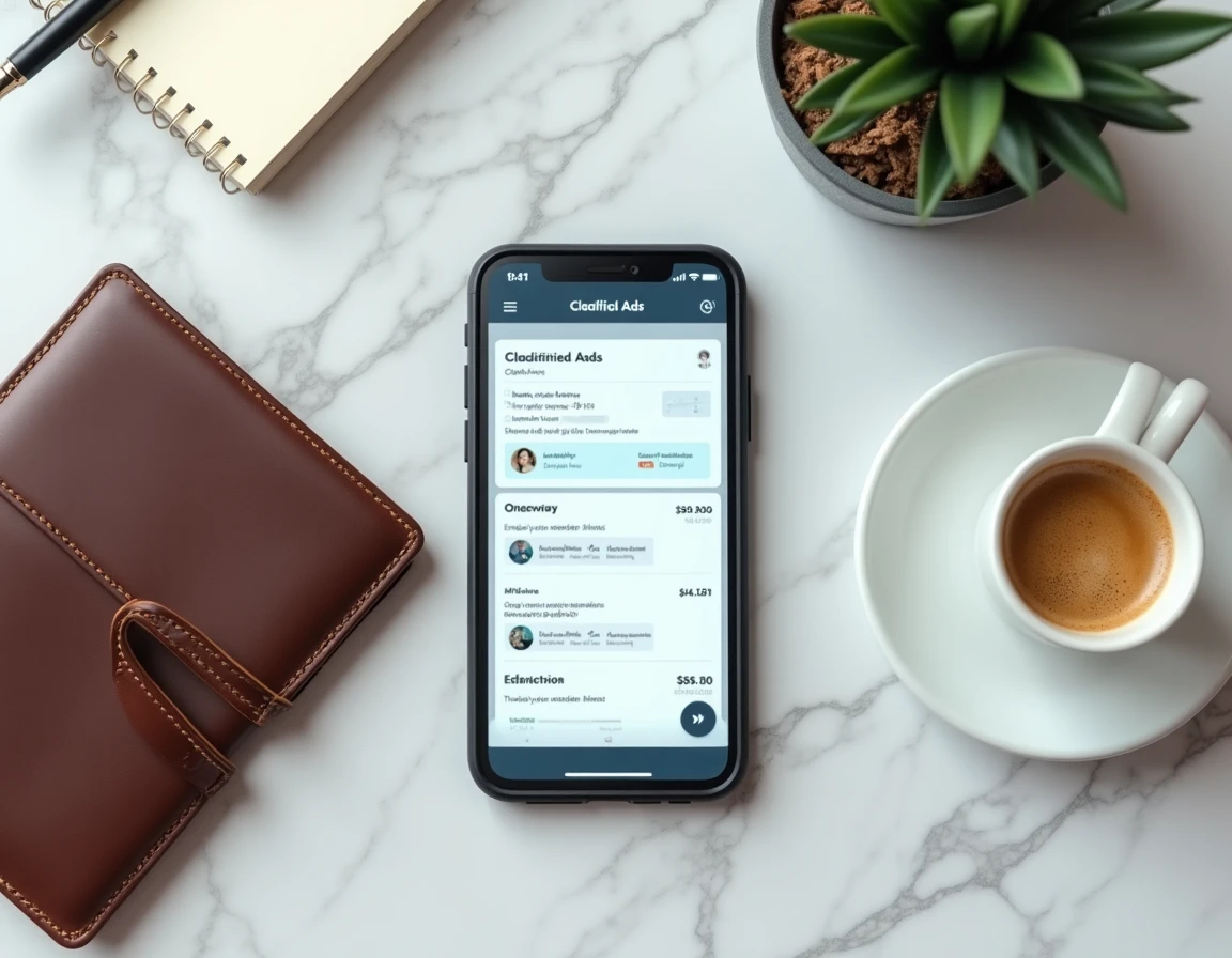 Smartphone affichant une annonce payante du Bon Coin posé sur un bureau avec portefeuille et café