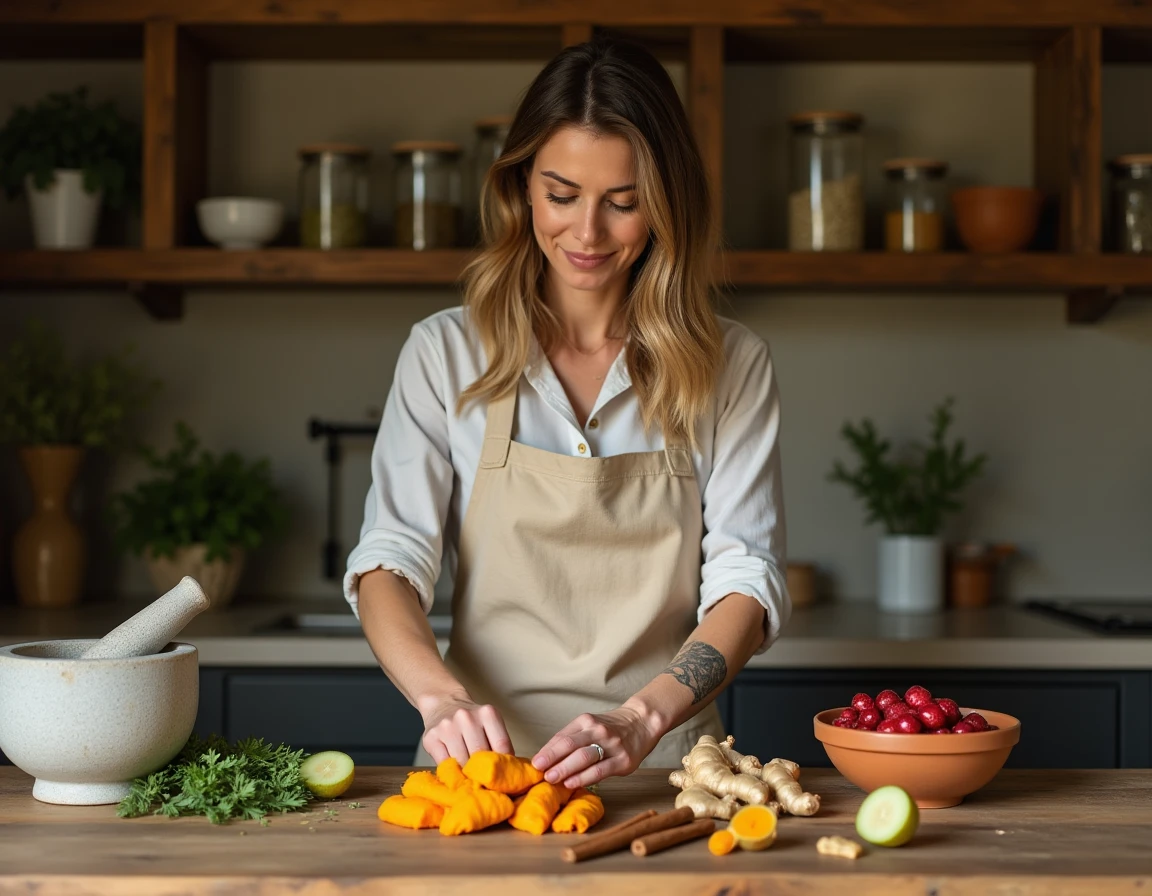 Femme arrangeant des plantes médicinales naturelles comme le curcuma, le gingembre et la cannelle sur un comptoir de cuisine en bois pour stimuler le pancréas