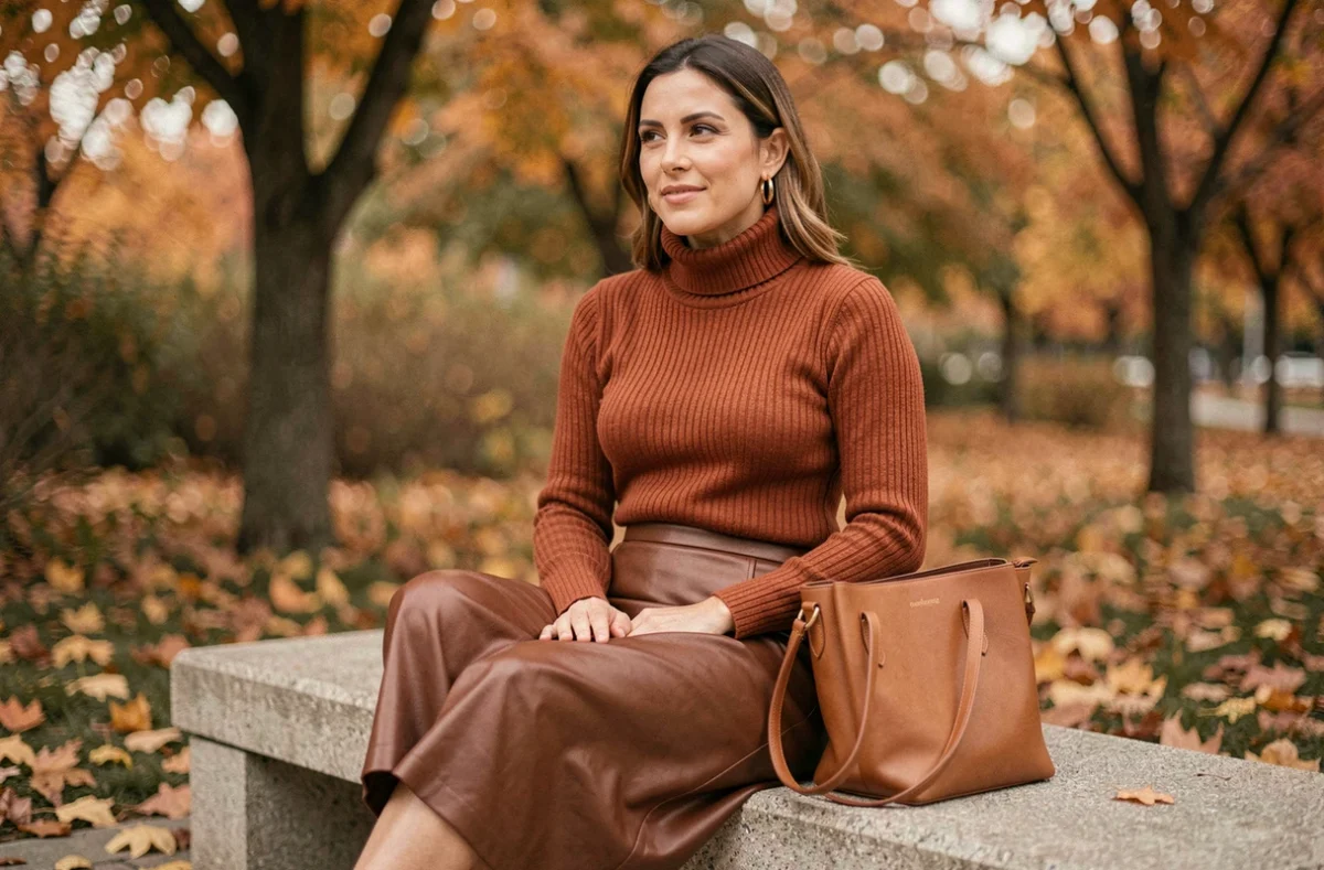 Femme assise dans un parc urbain en automne portant un pull col roulé rouille et une jupe midi en cuir marron