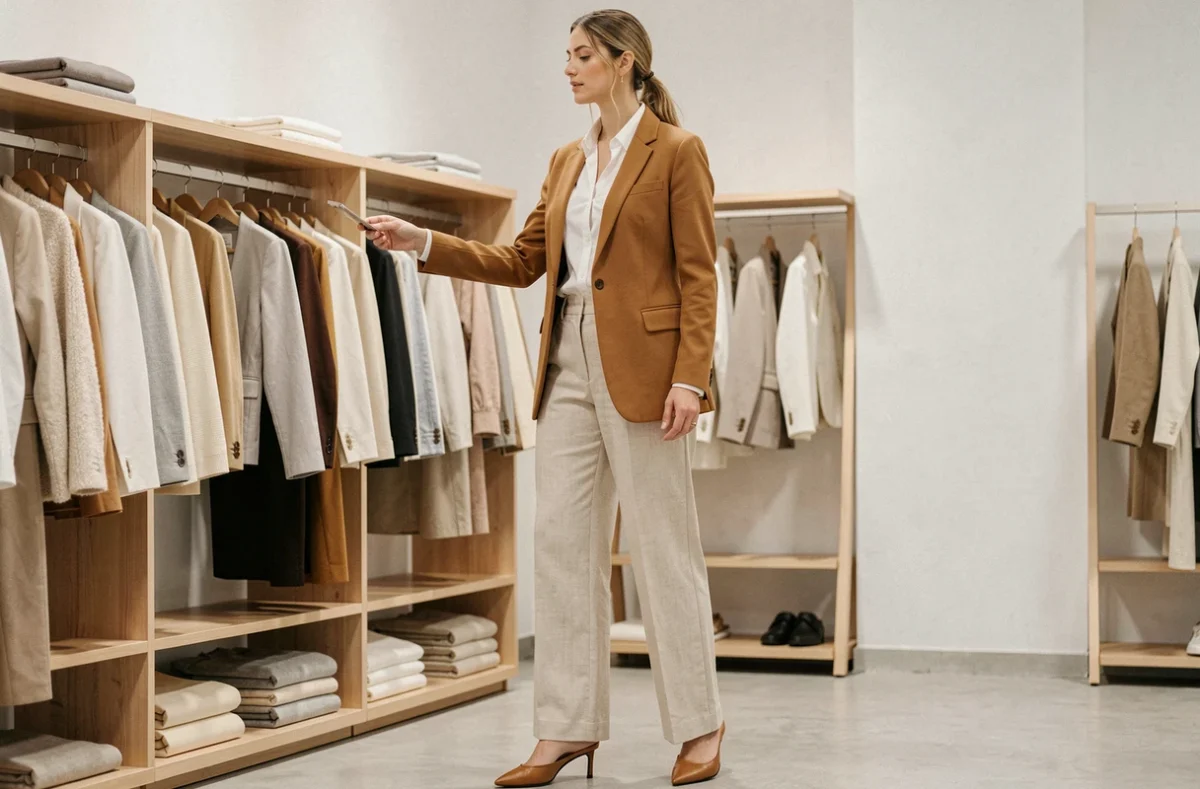 Femme élégante portant un blazer camel et un pantalon large blanc cassé dans une boutique de mode minimaliste