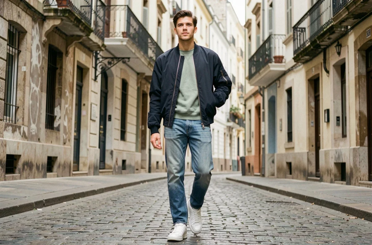Jeune homme stylé en bomber navy et jean droit marchant dans une rue pavée européenne