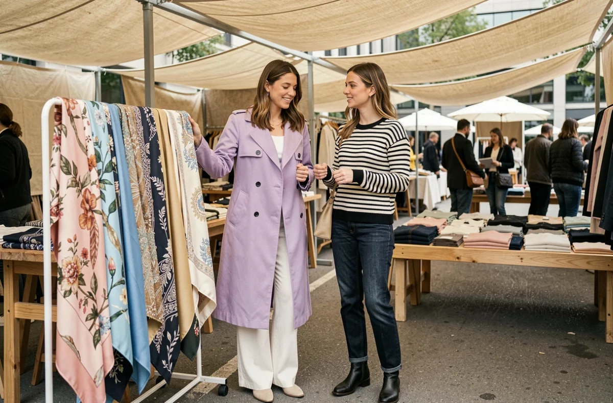 Deux femmes stylées explorant des stands de mode dans un marché urbain en plein air avec des manteaux tendance