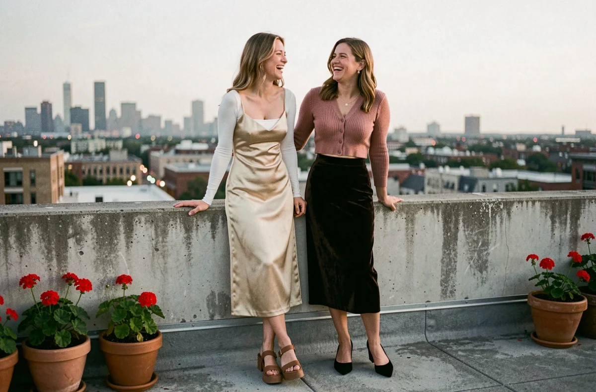 Deux femmes portant des tenues tendance des années 1995 dont une robe nuisette satin et une jupe midi velours sur une terrasse urbaine en train de rire