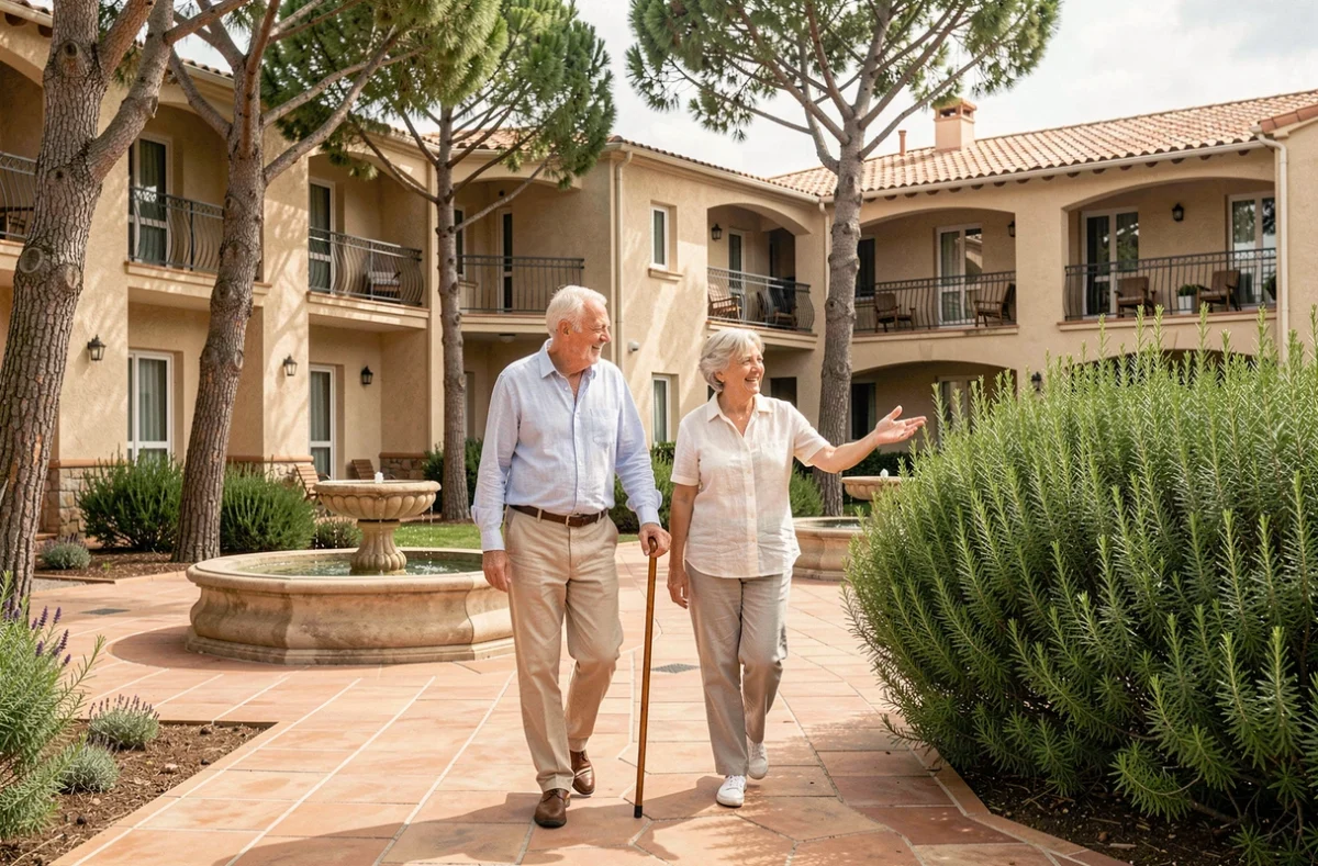 Un couple de retraités visite le jardin d'une résidence senior à Toulon entourée de végétation méditerranéenne