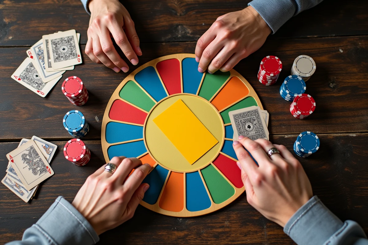 Vue aérienne d'un plateau de nain jaune avec jetons et cartes posés sur une table en chêne